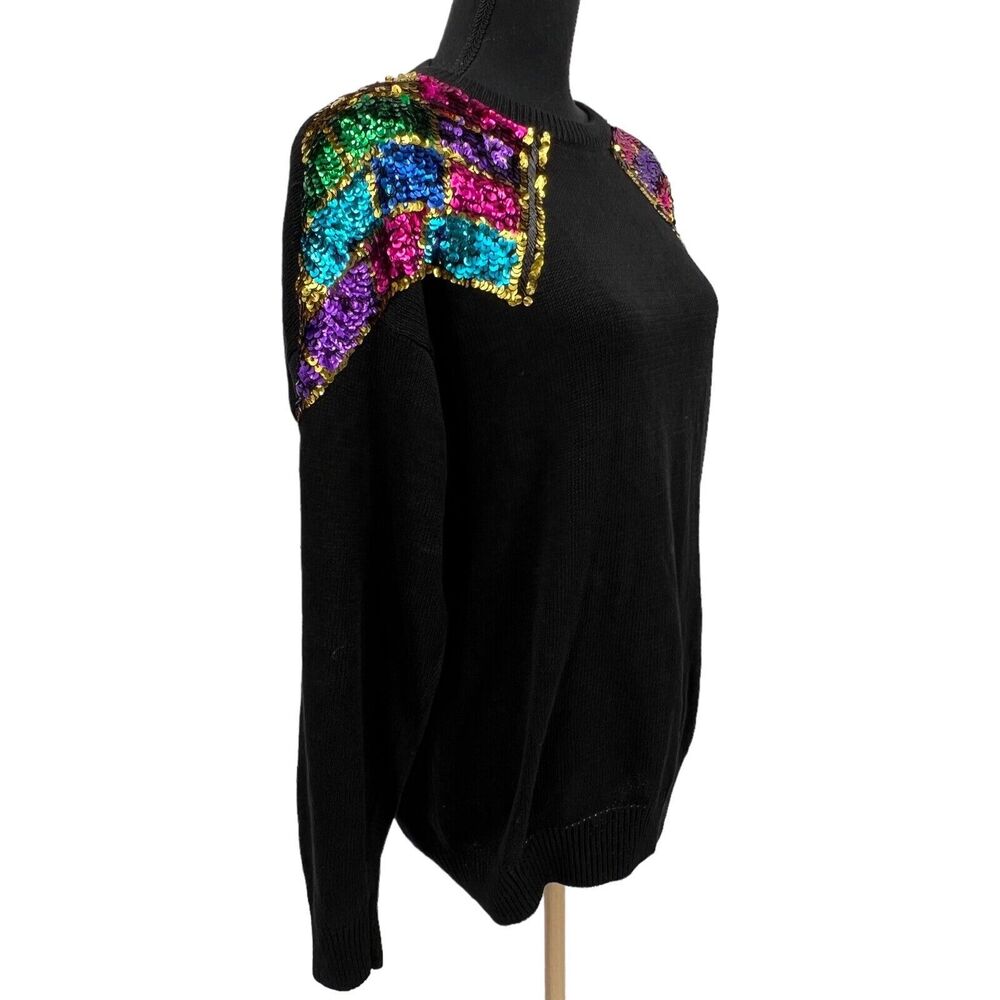 Barbara Scott Women's Sweater Black Knit Crewneck Sequin Shoulders Holiday Lg - Picture 2 of 6